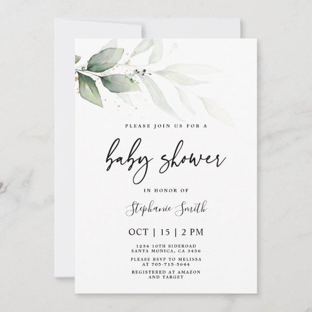 Modern minimalist Greenery Baby Shower Invitation (Front)