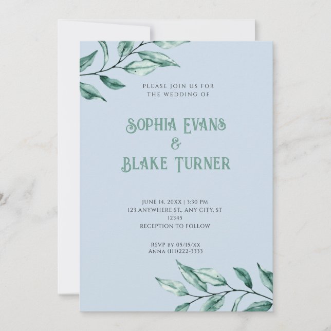 Modern Minimalist Greenery Blue Wedding Invitation (Front)