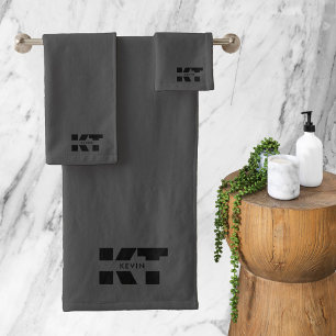 Modern Minimalist Grey & Black Masculine Monogram Bath Towel Set