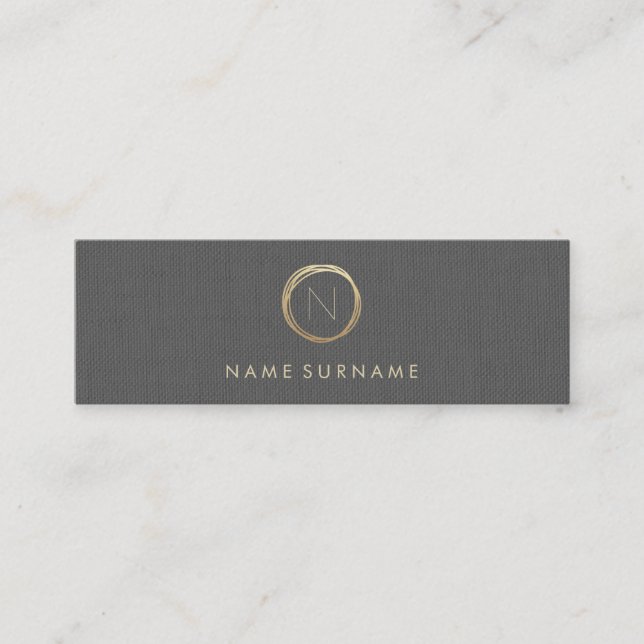 Modern Minimalist Grey Linen Elegant Gold Monogram Mini Business Card (Front)