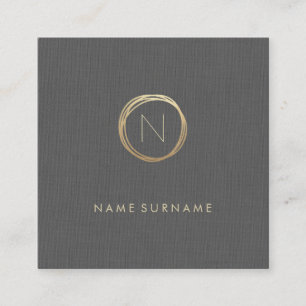Modern Minimalist Grey Linen Elegant Gold Monogram Square Business Card