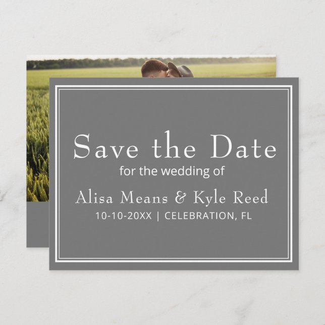 Modern Minimalist Grey Photo Save the Date (Front/Back)
