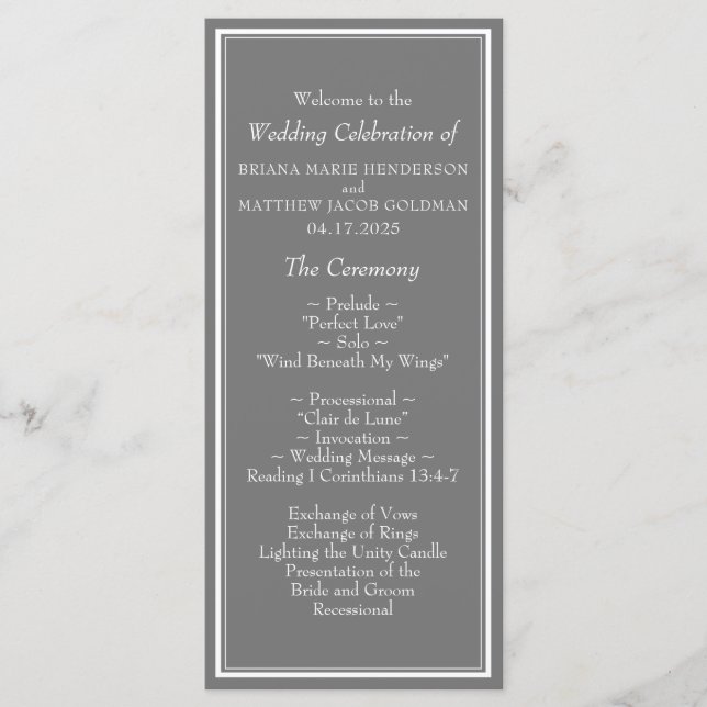 Modern Minimalist Grey Wedding Program (Front)