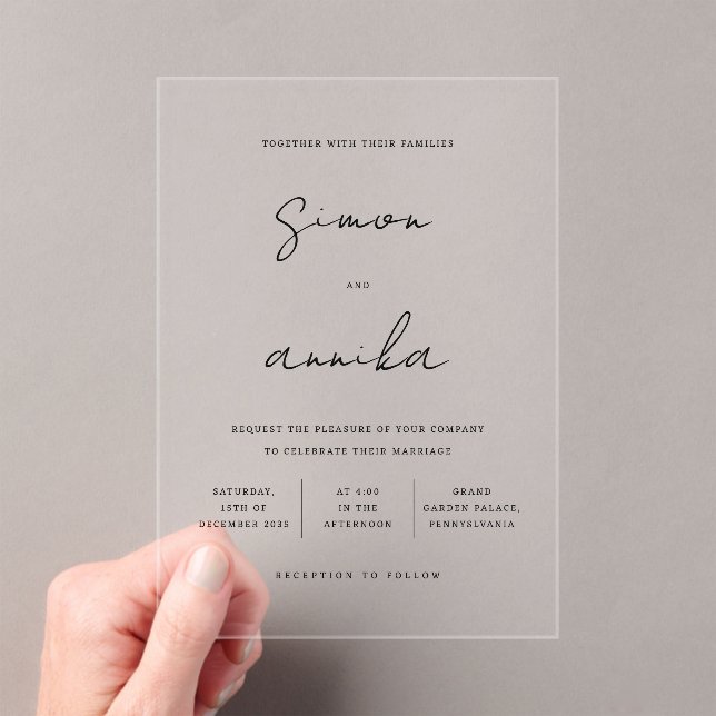 Modern Minimalist Handwriting Names Wedding Acrylic Invitations (Insitu (Handheld))