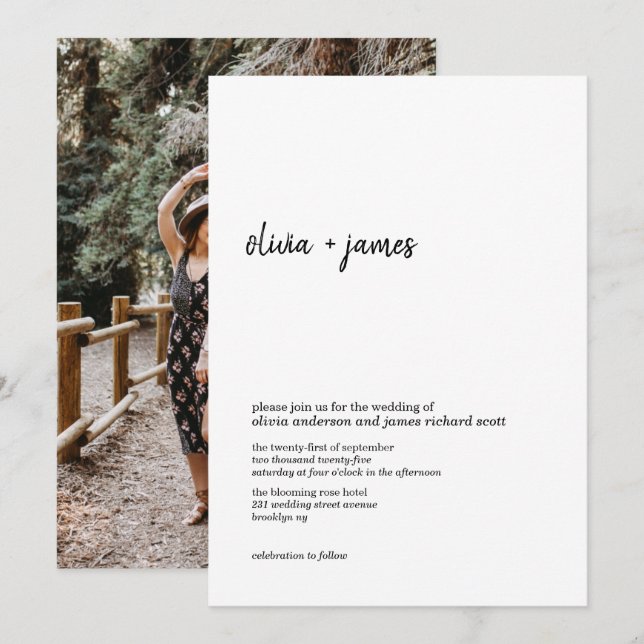 Modern Minimalist Handwriting Script Photo Wedding Invitation (Front/Back)