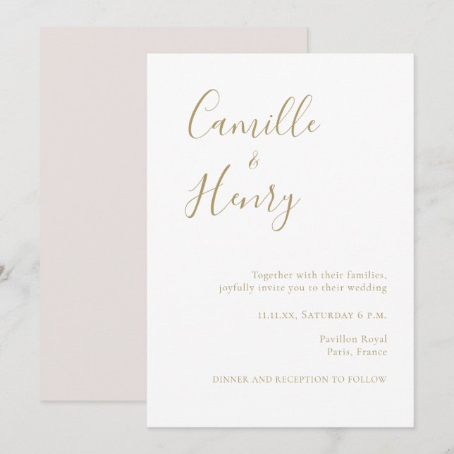 Modern Minimalist Handwritten Gold White Wedding Invitation (Front/Back)