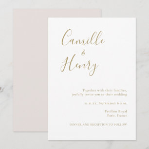 Modern Minimalist Handwritten Gold White Wedding Invitation