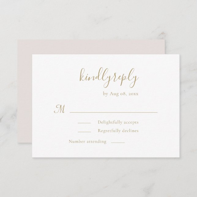 Modern Minimalist Handwritten Gold White Wedding RSVP Card (Front/Back)