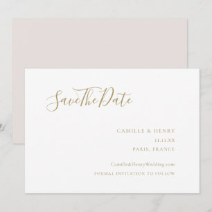 Modern Minimalist Handwritten Gold White Wedding Save The Date