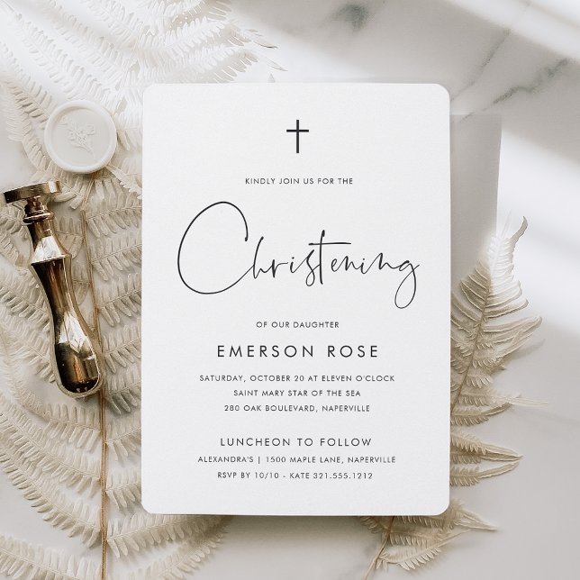 Modern Minimalist Handwritten Script Christening Invitation (Creator Uploaded)