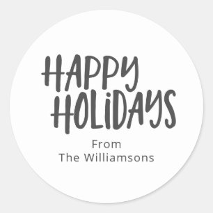 Modern Minimalist Happy Holiday Personalized White Classic Round Sticker