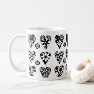 Modern Minimalist Hearts & Flowers Black & White Coffee Mug