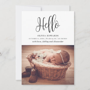 Modern Minimalist Hello Script. Newborn Photo Baby Announcement