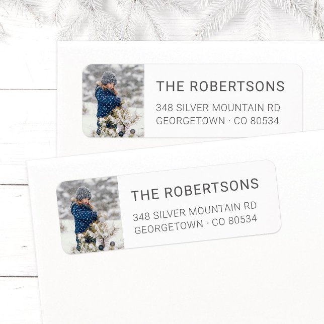 Modern Minimalist Holiday Photo Return Address (Modern Holiday Christmas photo return address label with elegant gray family name and address.)