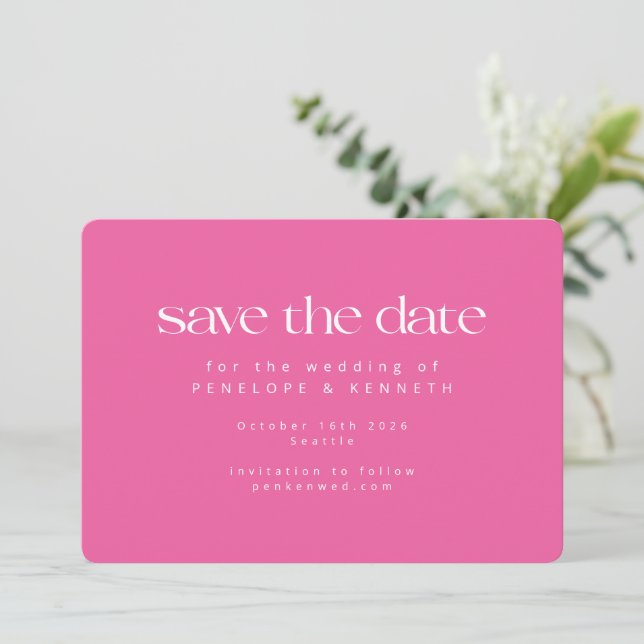 Modern Minimalist Hot Pink Chic Simple Wedding Save The Date (Standing Front)