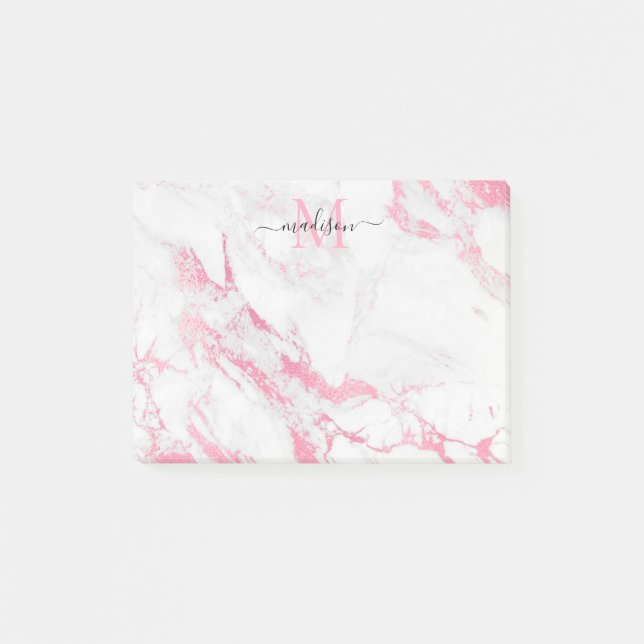 Modern Minimalist Hot Pink Marble Monogram Name Post-it Notes (Front)