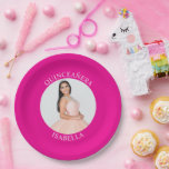 Modern Minimalist Hot Pink Quinceañera Photo Paper Plate<br><div class="desc">Create your own personalized hot pink border round photo paper plates for your her 15th birthday. Customize the solid hot pink background colour or the white text colour to match your photo. If you change the font type or size, you can fine tune the curvature of the text in small...</div>