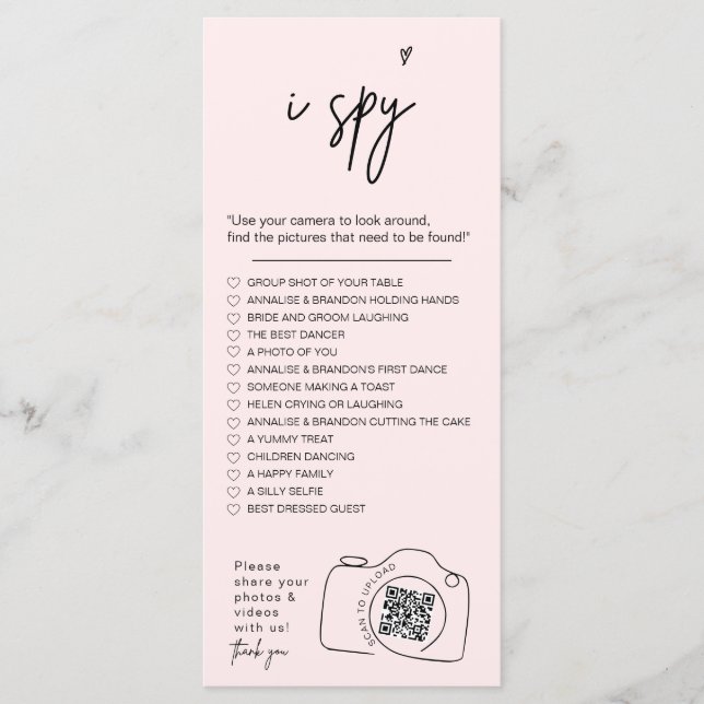 Modern Minimalist I spy wedding game Share photos  Menu (Front)