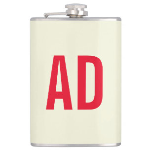 Modern Minimalist Initials Red Monogram Beige Hip Flask