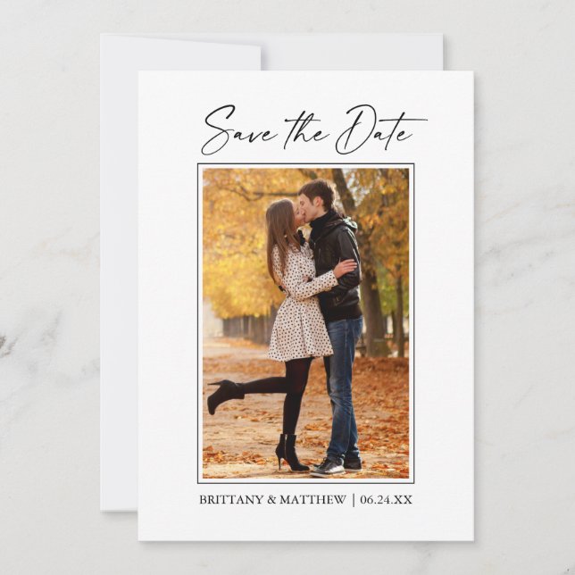 Modern Minimalist Ink Pen Script Couple Photo Save The Date (Front)