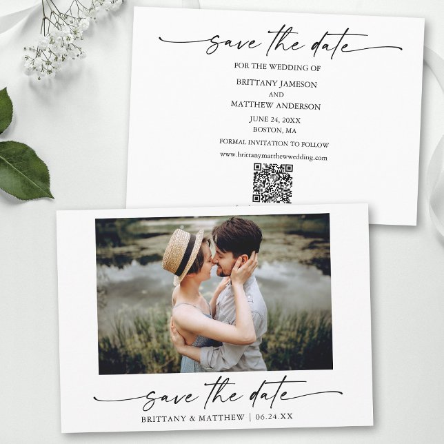Modern Minimalist Ink Pen Script Photo QR Code Save The Date (Add your wedding website or social media web address to the QR Scan Code.)