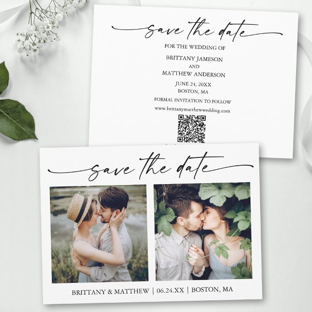 Modern Minimalist Ink Script 2 Photos QR Code Save The Date (Add your wedding website or social media web address to the QR Scan Code.)