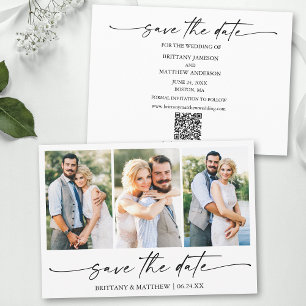 Modern Minimalist Ink Script 3 Photo QR Code Save The Date