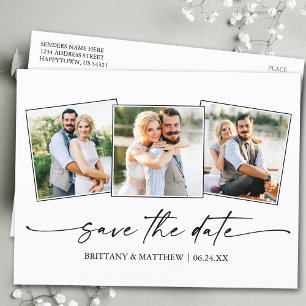 Modern Minimalist Ink Script 3 Photo Save The Date Postcard