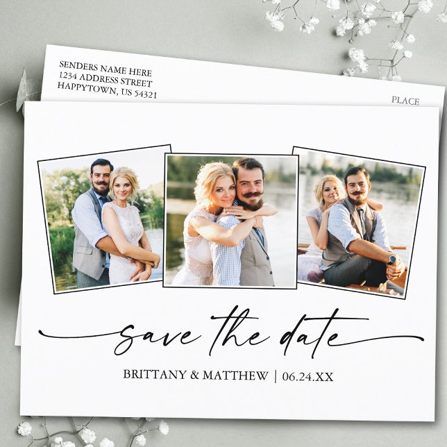 Modern Minimalist Ink Script 3 Photo Save The Date Postcard (Customize to change your personalized text size or text style.)