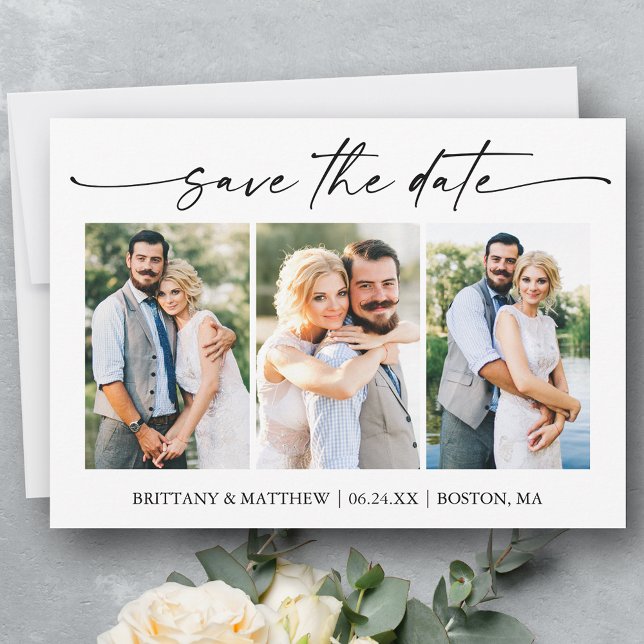 Modern Minimalist Ink Script 3 Photos Save The Date (Customize to change your personalized text size or text style.)