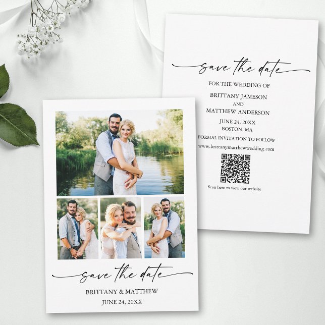 Modern Minimalist Ink Script 4 Photos QR Code Save The Date (Add your wedding website or social media web address to the QR Scan Code.)