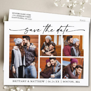 Modern Minimalist Ink Script 5 Photo Save The Date Postcard