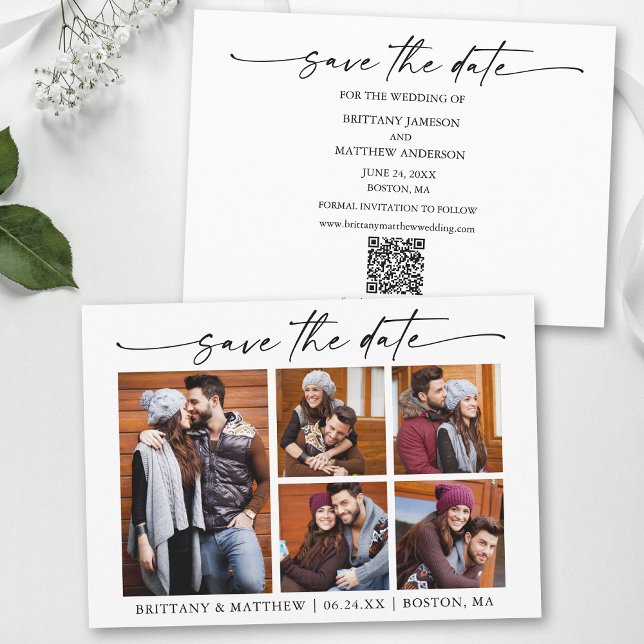 Modern Minimalist Ink Script 5 Photos QR Code Save The Date (Add your wedding website or social media web address to the QR Scan Code.)