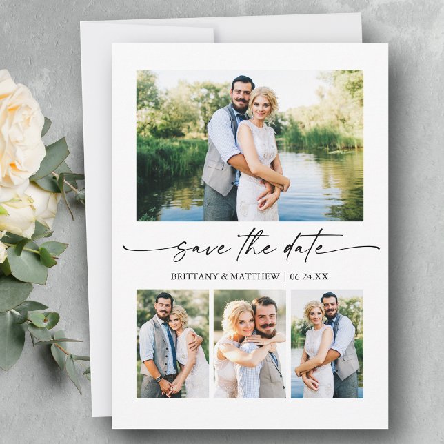 Modern Minimalist Ink Script Couple 4 Photo Save The Date (Customize to change your personalized text size or text style.)