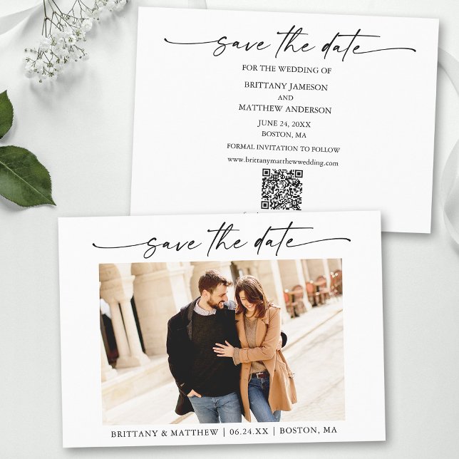 Modern Minimalist Ink Script Photo QR Code Save The Date (Add your wedding website or social media web address to the QR Scan Code.)