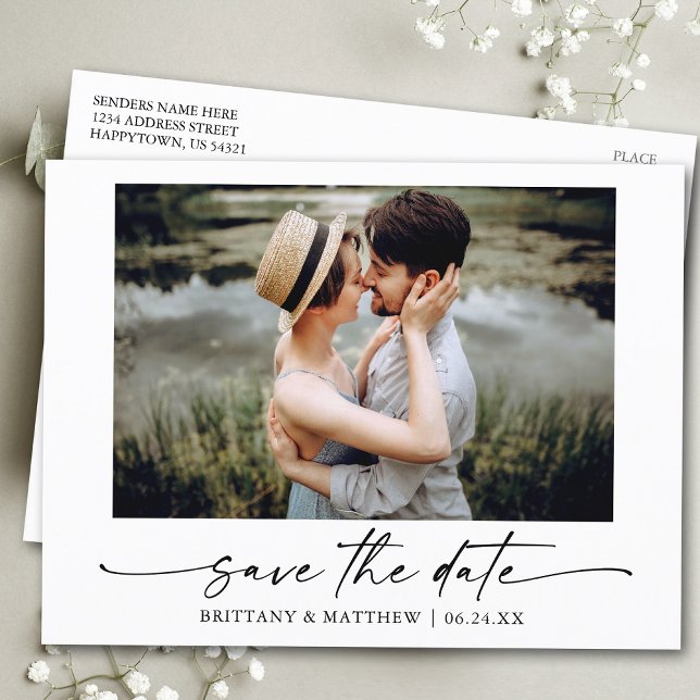 Modern Minimalist Ink Script Photo Save The Date Postcard (Customize to change your personalized text size or text style.)