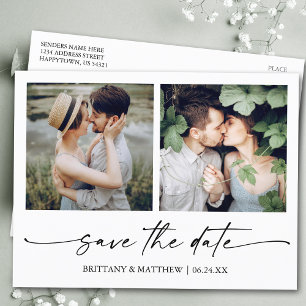 Modern Minimalist Ink Script Save The Date 2 Photo Postcard