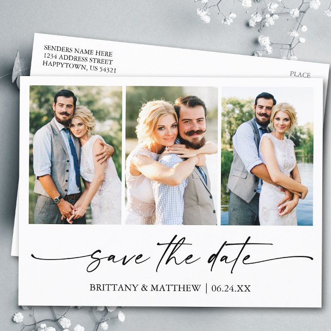 Modern Minimalist Ink Script Save The Date 3 Photo Postcard (Customize to change your personalized text size or text style.)