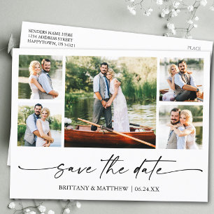 Modern Minimalist Ink Script Save The Date 5 Photo Postcard