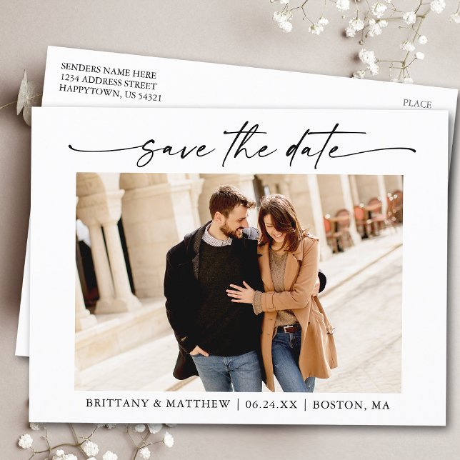 Modern Minimalist Ink Script Save The Date Photo Postcard (Customize to change your personalized text size or text style.)