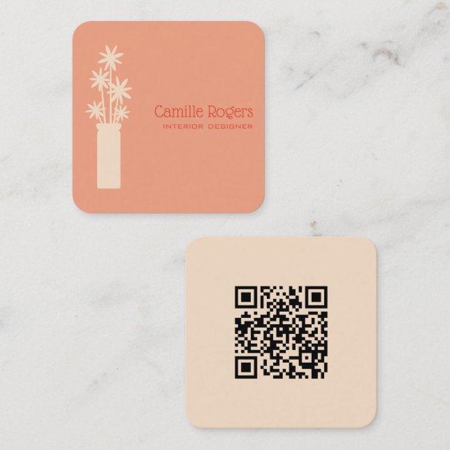 Modern Minimalist Interior Designer w/ QR Code Square Business Card (Front/Back)