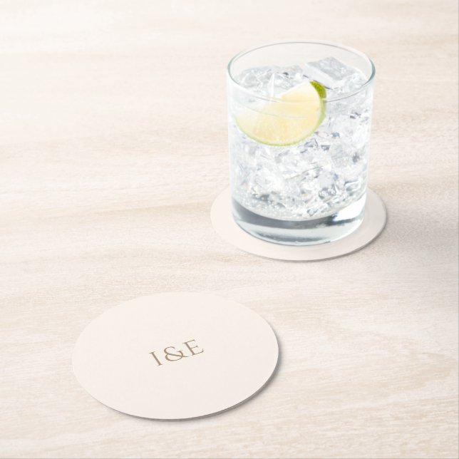 Modern Minimalist Ivory Monogram Wedding Round Paper Coaster (Insitu)