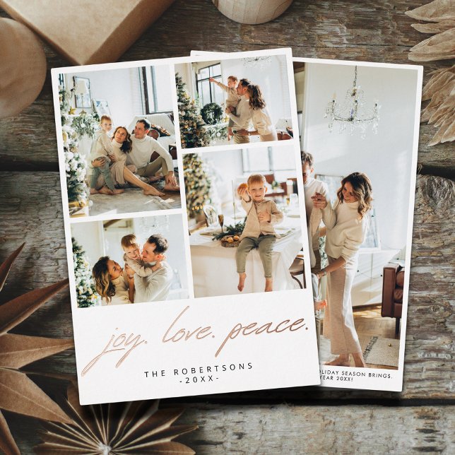 Modern Minimalist Joy Love Peace Script 5 Photo Foil Holiday Card (Creator Uploaded)