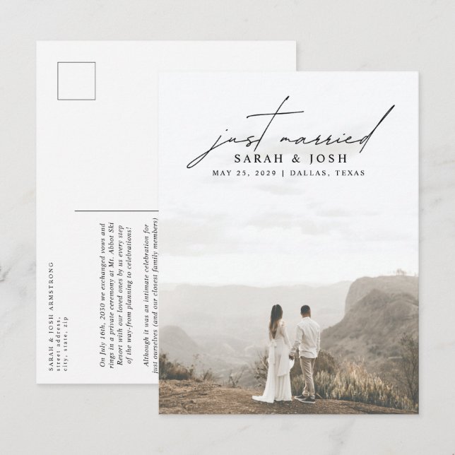 Modern Minimalist Just Married Photo Wedding Announcement Postcard (Front/Back)