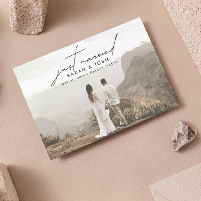 Modern Minimalist Just Married Photo Wedding Announcement Postcard (Just married, share our joy!)