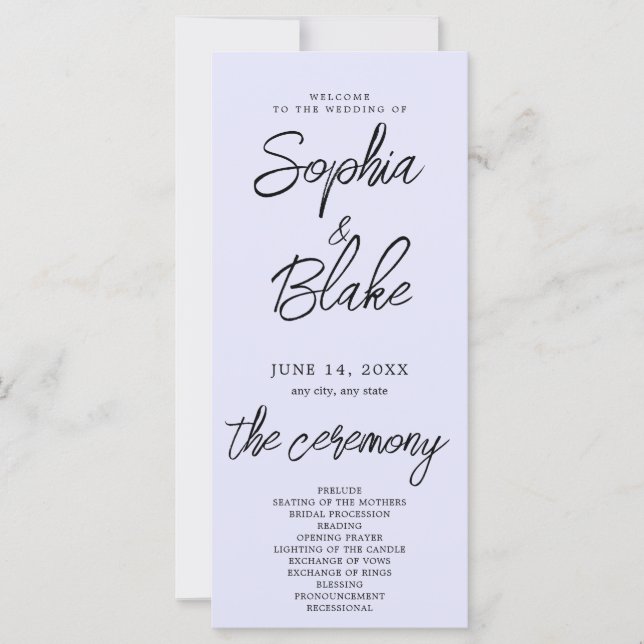 Modern Minimalist Lavender Purple Wedding Program (Front)