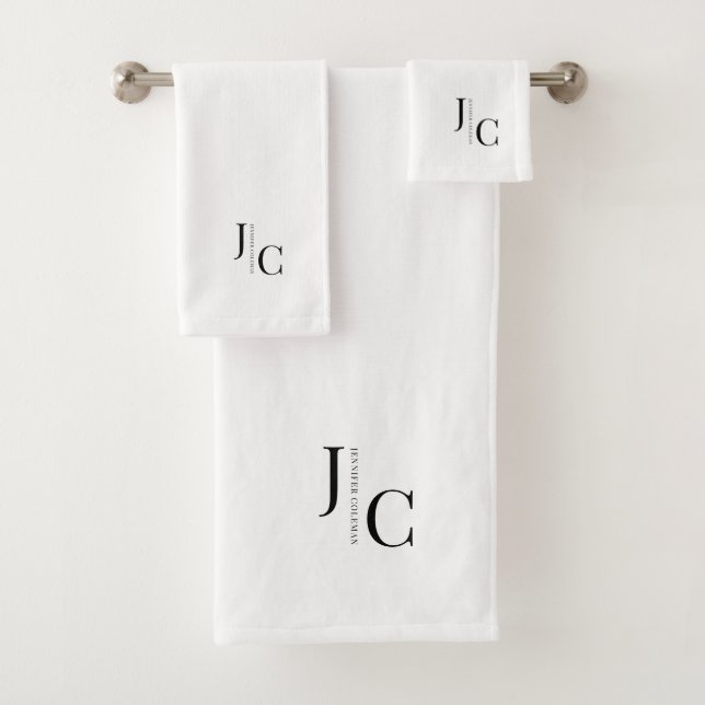 Modern Minimalist Logo Monogram Simple White Bath Towel Set (Insitu)