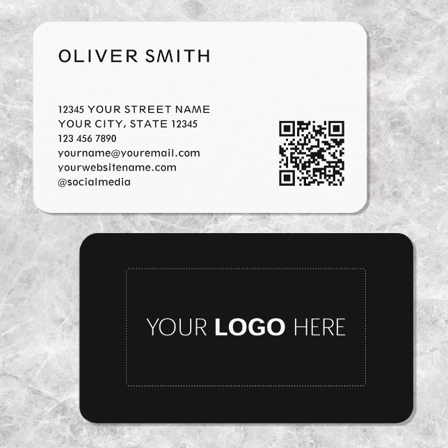 Modern Minimalist Logo QR Code Black Business Card (Creator Uploaded)