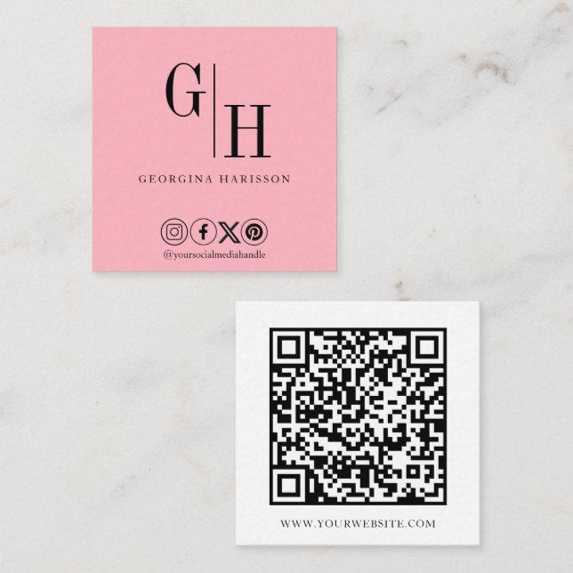 Modern Minimalist Logo QR Code Pastel Pink Square Business Card (Front/Back)