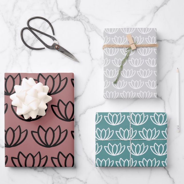 Modern Minimalist Lotus Flower Pattern Wrapping Paper Sheet (Front)